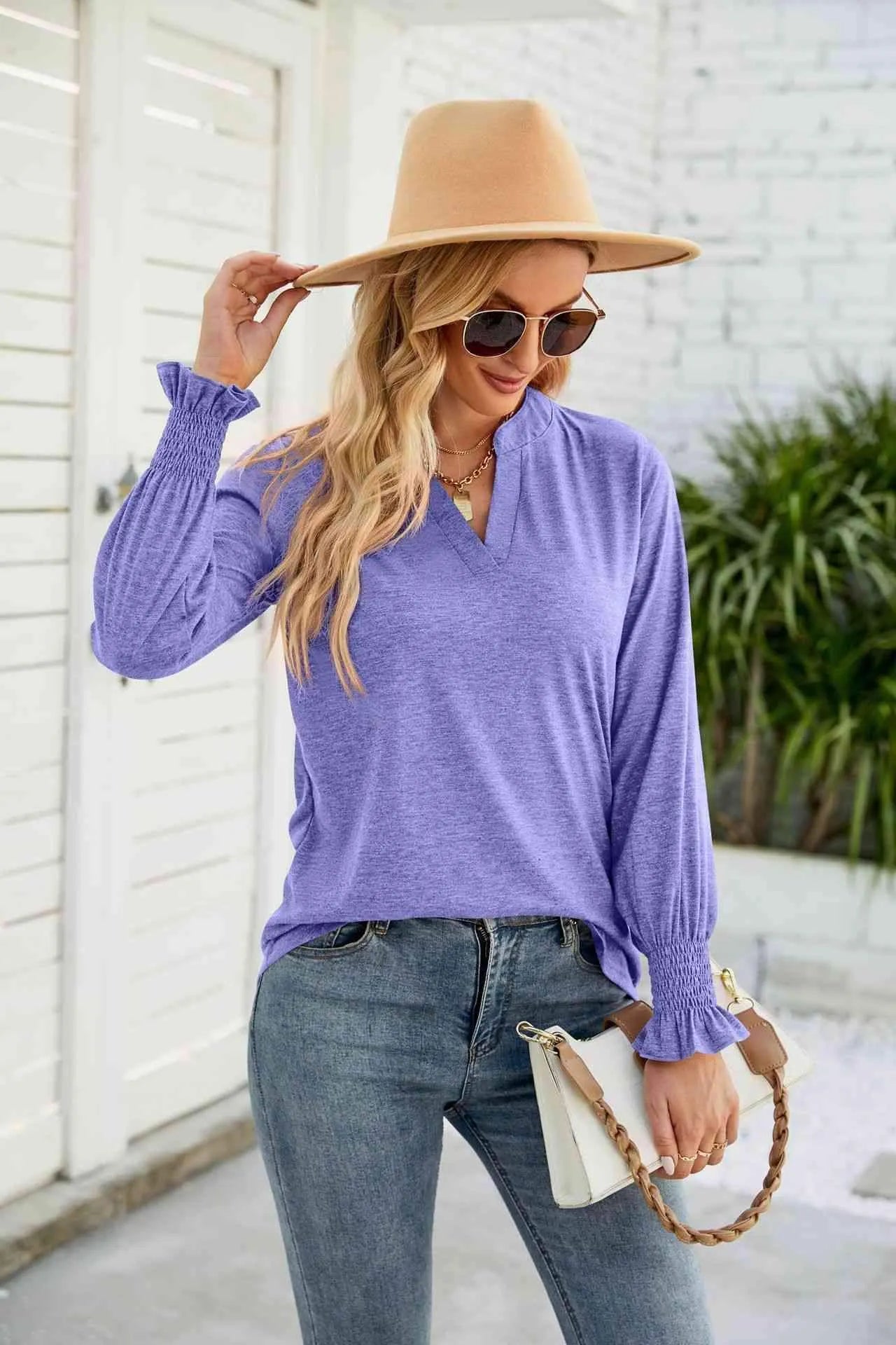 Heathered Flounce Sleeve Curved Hem Top Purple Blouses - Tophatter Daily Deals