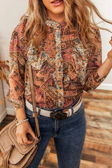 Printed Ruffled Three-Quarter Sleeve Top Blouses - Tophatter Daily Deals