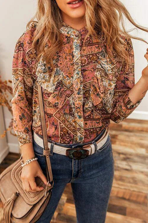 Printed Ruffled Three-Quarter Sleeve Top Blouses - Tophatter Daily Deals