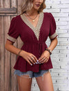 Contrast V-Neck Babydoll Top Wine Blouses - Tophatter Daily Deals