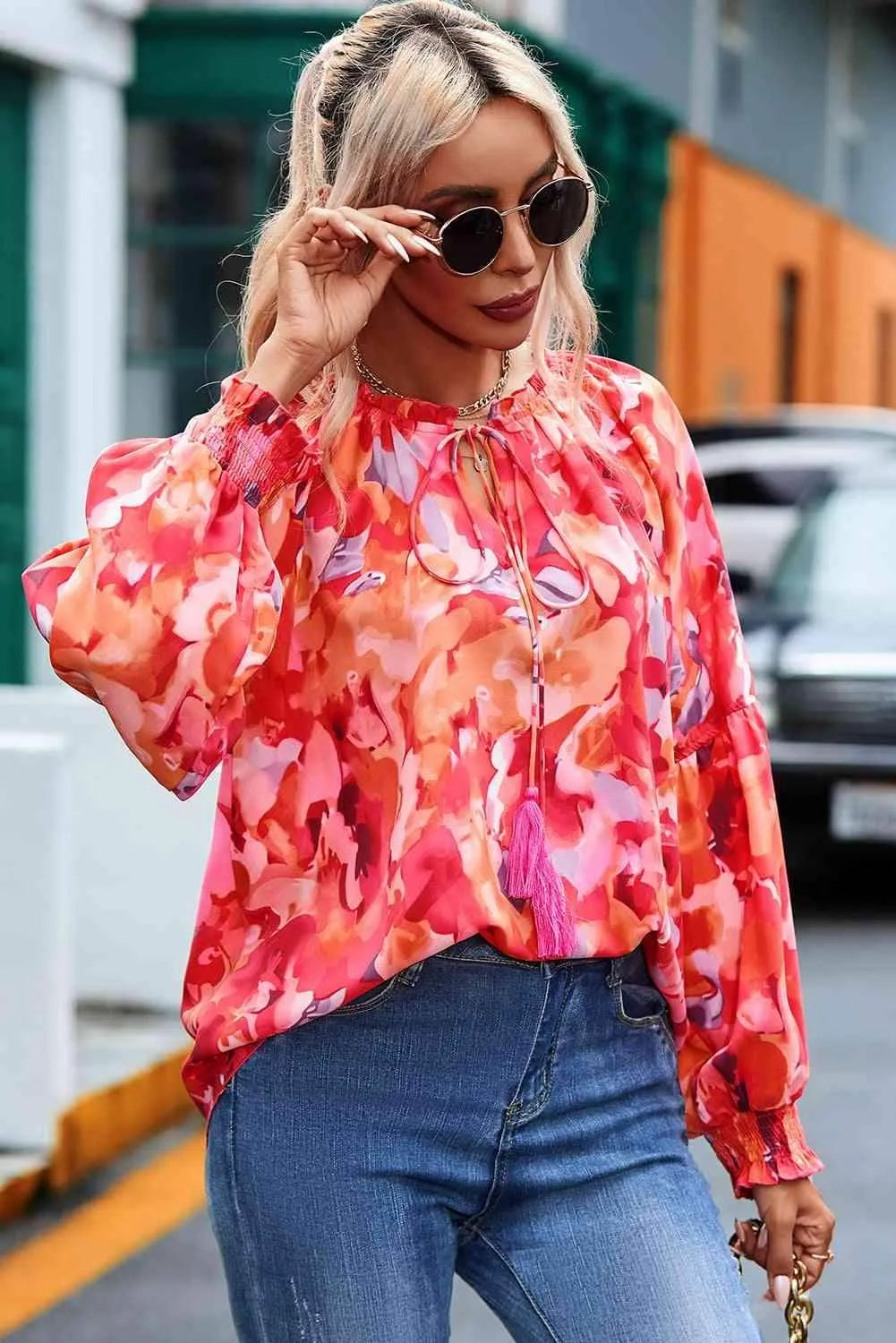 Floral Tassel Tie Long Sleeve Blouse Blouses - Tophatter Daily Deals