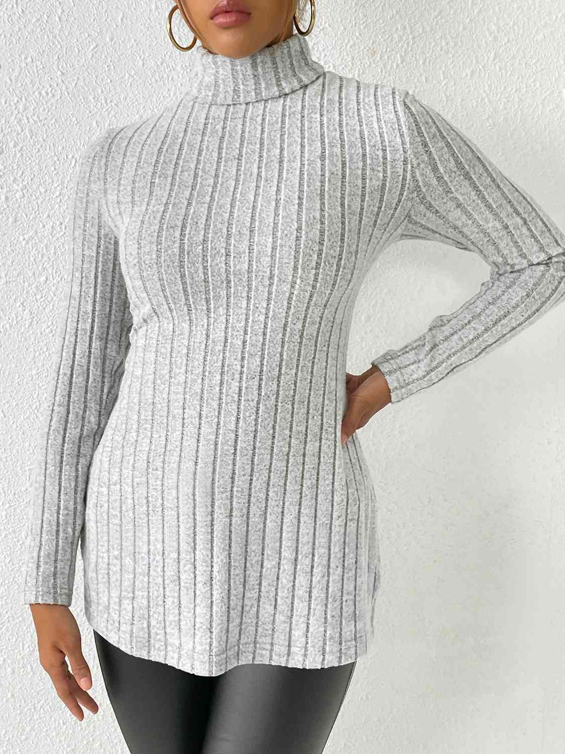 Ribbed Turtleneck Long Sleeve Slit T-Shirt Women's T-Shirts - Tophatter Daily Deals