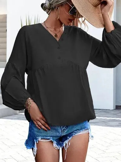V-Neck Buttoned Balloon Sleeve Blouse Black Blouses - Tophatter Daily Deals