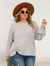 Plus Size Round Neck Ruched Long Sleeve Top Light Gray Blouses - Tophatter Daily Deals