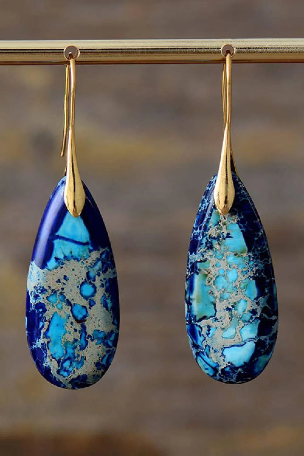 Handmade Teardrop Shape Natural Stone Dangle Earrings Blue Gold One Size Earrings - Tophatter Daily Deals