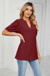 Eyelet Short Puff Sleeve Notched Neck Top Blouses - Tophatter Daily Deals