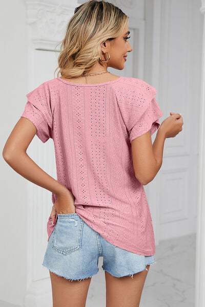 Eyelet V-Neck Short Sleeve T-Shirt Women's T-Shirts - Tophatter Daily Deals