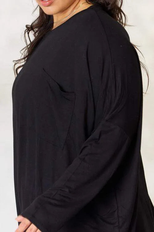 Zenana Full Size Round Neck Long Sleeve Top with Pocket Blouses - Tophatter Daily Deals