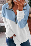 Contrast Zip-Up Collared Neck Dropped Shoulder Blouse Pastel Blue Blouses - Tophatter Daily Deals