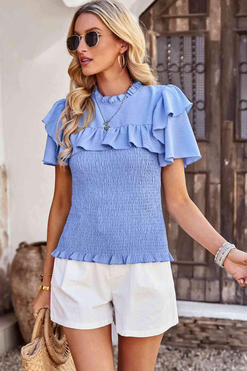 Smocked Tie Back Flutter Sleeve Blouse Misty Blue Blouses - Tophatter Daily Deals