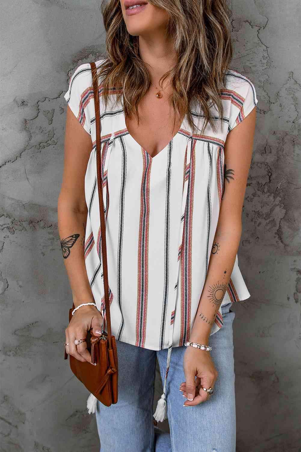 Striped V-Neck Tassel Tie Blouse Blouses - Tophatter Daily Deals