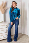 Double Take Notched Neck Buttoned Long Sleeve Blouse Blouses - Tophatter Daily Deals