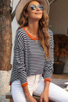 Striped Round Neck Drop Shoulder T-Shirt Blouses - Tophatter Daily Deals