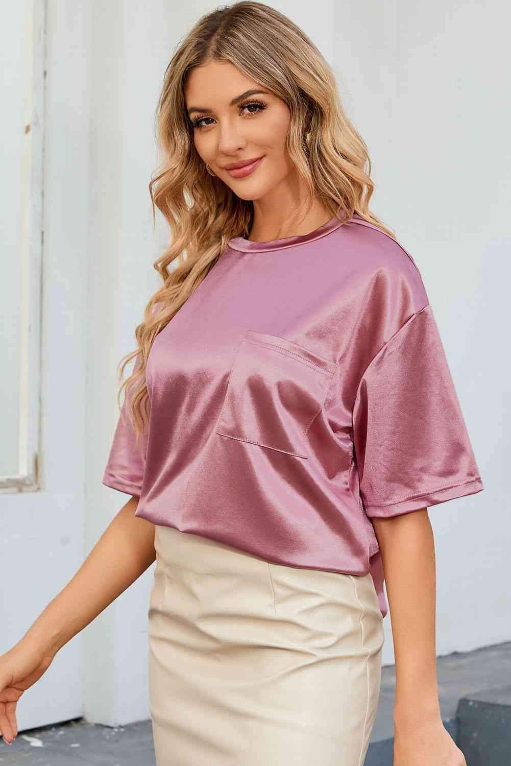 Double Take Round Neck Dropped Shoulder Top Women's T-Shirts - Tophatter Daily Deals