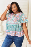 Double Take Floral Tie Neck Short Sleeve Blouse Blouses - Tophatter Daily Deals