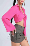 Tie Front Johnny Collar Flare Sleeve Cropped Top Blouses - Tophatter Daily Deals