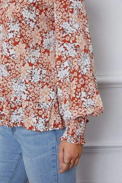 Floral Smocked Lantern Sleeve Ruffled Blouse Blouses - Tophatter Daily Deals