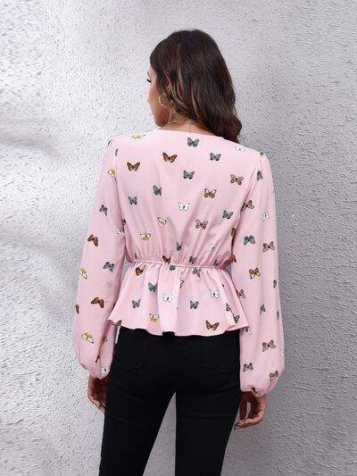 Butterfly V-Neck Balloon Sleeve Peplum Blouse Blouses - Tophatter Daily Deals