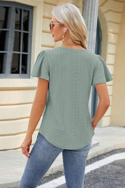 Eyelet Square Neck Short Sleeve T-Shirt Women's T-Shirts - Tophatter Daily Deals