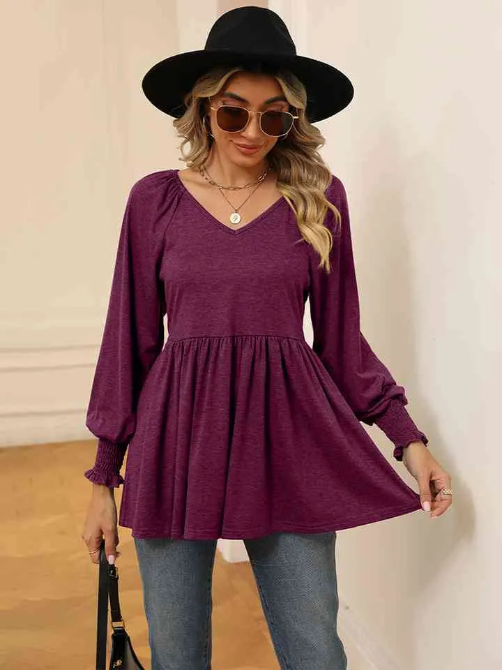 V-Neck Lantern Sleeve Blouse Blouses - Tophatter Daily Deals