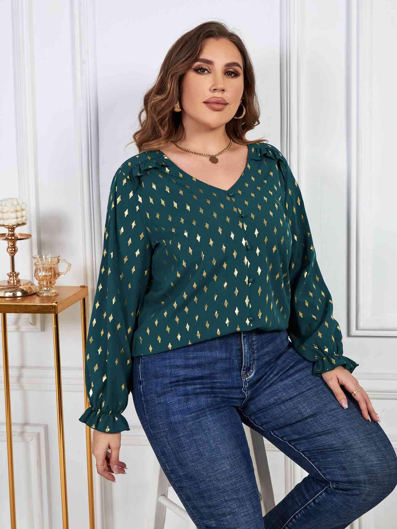 Melo Apparel Plus Size Printed Frill Trim Flounce Sleeve Blouse Blouses - Tophatter Daily Deals