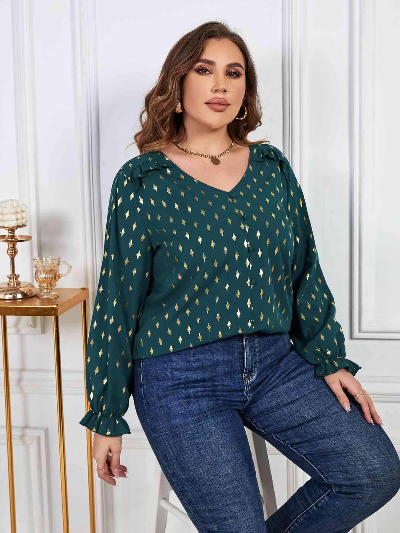 Melo Apparel Plus Size Printed Frill Trim Flounce Sleeve Blouse Blouses - Tophatter Daily Deals