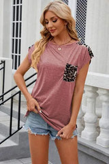 Leopard Round Neck Cap Sleeve T-Shirt Women's T-Shirts - Tophatter Daily Deals