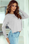 Buttoned Slit Long Sleeve Top Light Gray Blouses - Tophatter Daily Deals