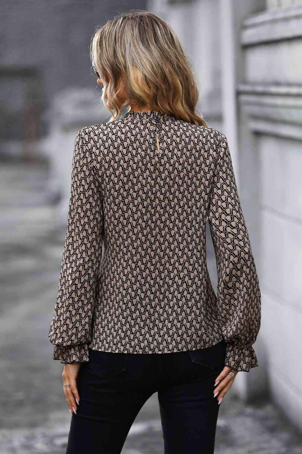 Printed Tie Front Flounce Sleeve Blouse Blouses - Tophatter Daily Deals