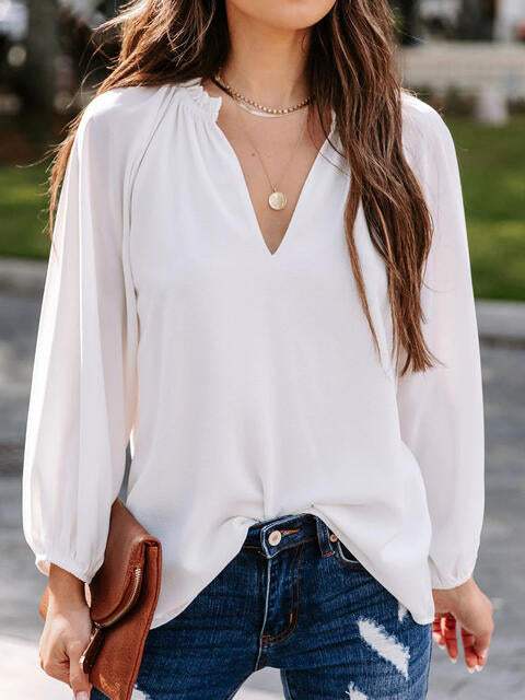 Notched Neck Long Sleeve Blouse White Blouses - Tophatter Daily Deals