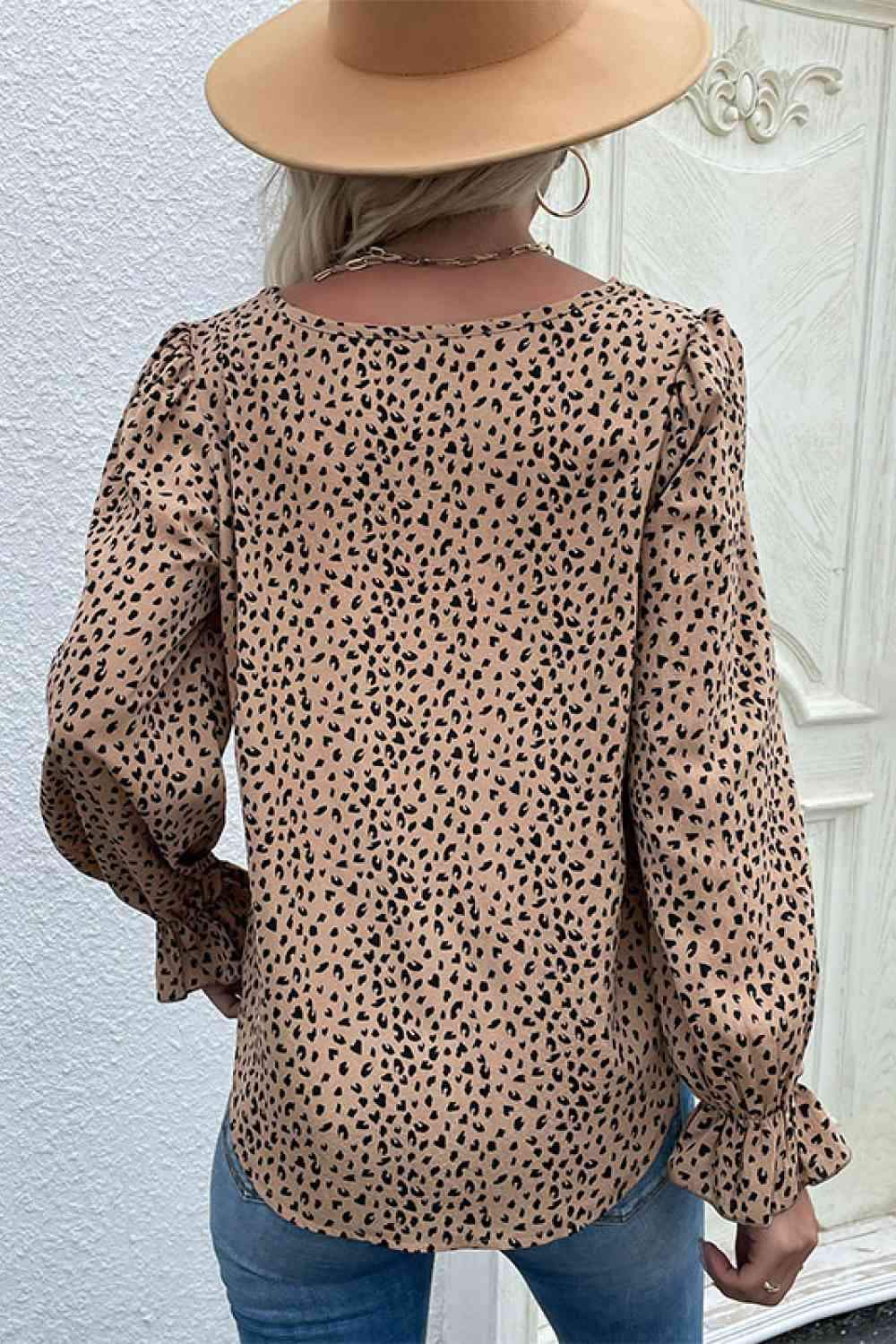 Leopard Flared Sleeve Round Neck Blouse Blouses - Tophatter Daily Deals