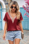 Contrast Trim Short Sleeve Plunge Blouse Wine Blouses - Tophatter Daily Deals