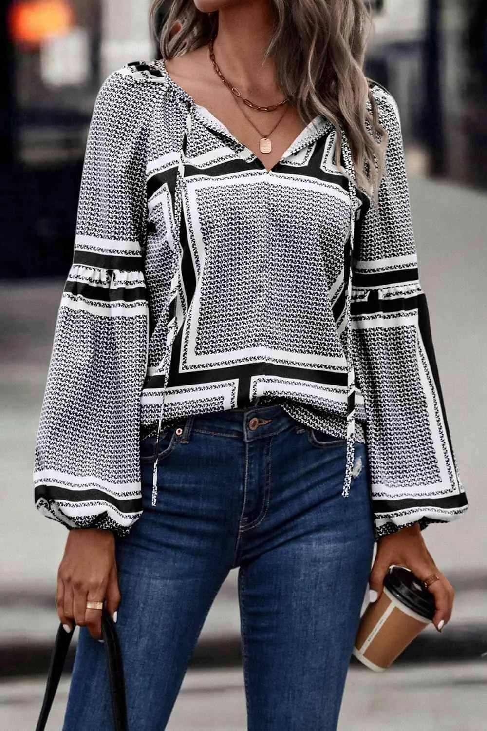 Printed Tie Neck Balloon Sleeve Blouse Black Blouses - Tophatter Daily Deals