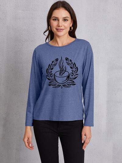 Coffee Graphic Round Neck Long Sleeve T-Shirt Dusty Blue Women's T-Shirts - Tophatter Daily Deals