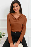 Cowl Neck Dropped Shoulder Long Sleeve Back Tie Blouse Caramel Blouses - Tophatter Daily Deals