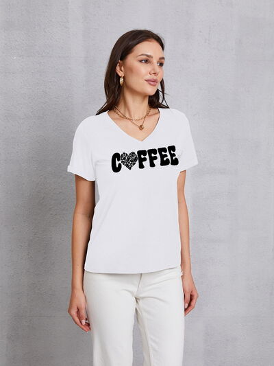 COFFEE V-Neck Short Sleeve T-Shirt White Women's T-Shirts - Tophatter Daily Deals