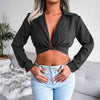 Knot Detail Collared Cropped Top Black Blouses - Tophatter Daily Deals