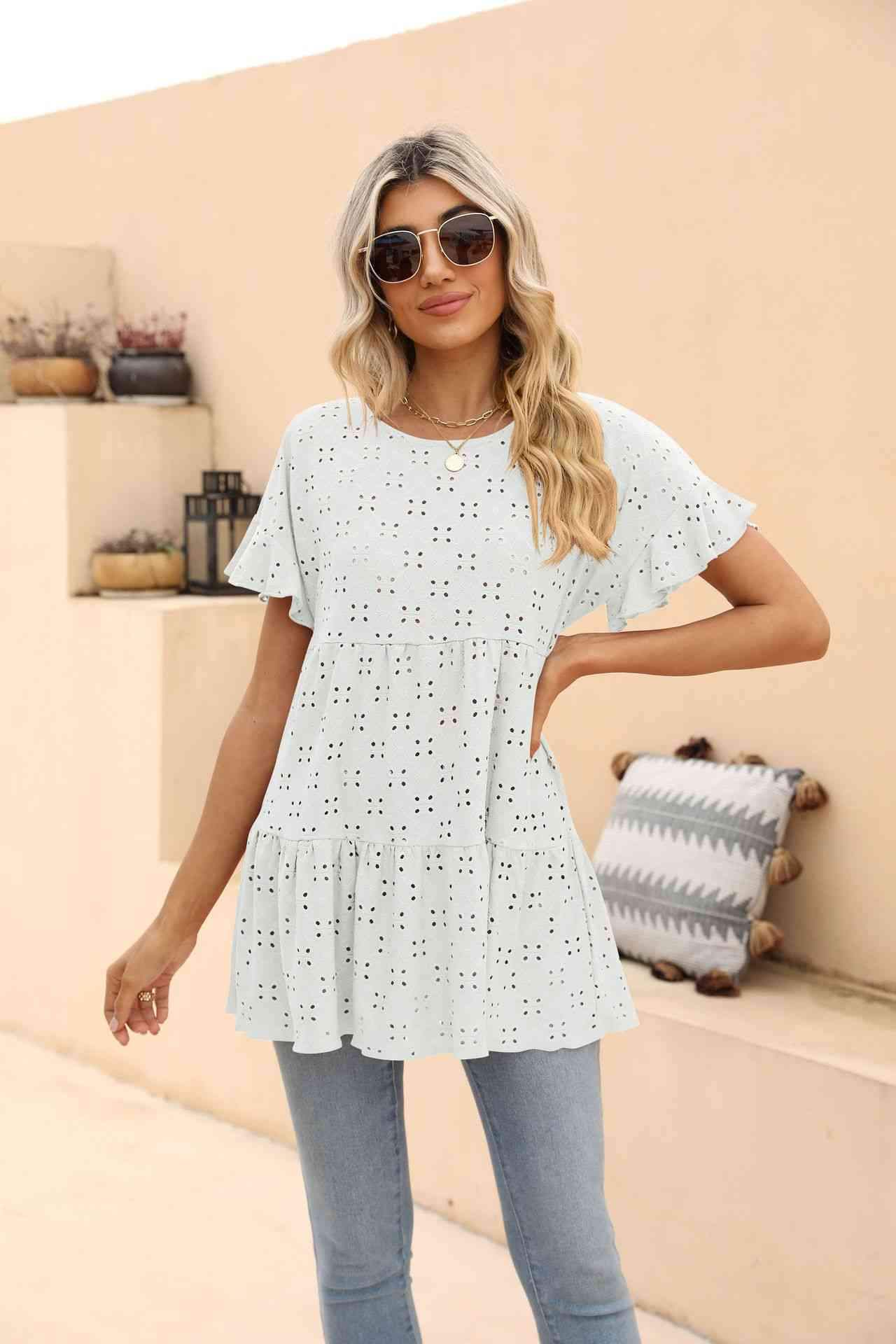 Openwork Round Neck Flounce Sleeve Blouse White Blouses - Tophatter Daily Deals