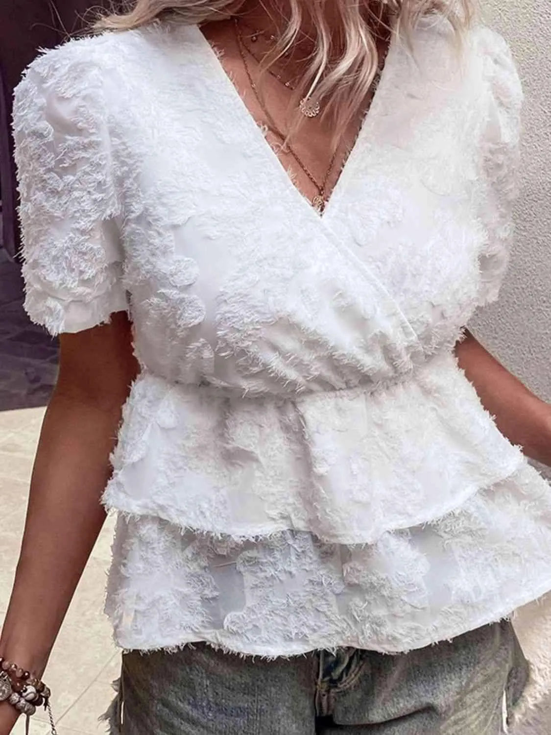 Surplice Neck Layered Peplum Top Blouses - Tophatter Daily Deals