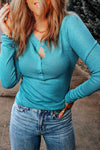 Double Take Half-Snap Round Neck Long Sleeve Top Turquoise Blouses - Tophatter Daily Deals