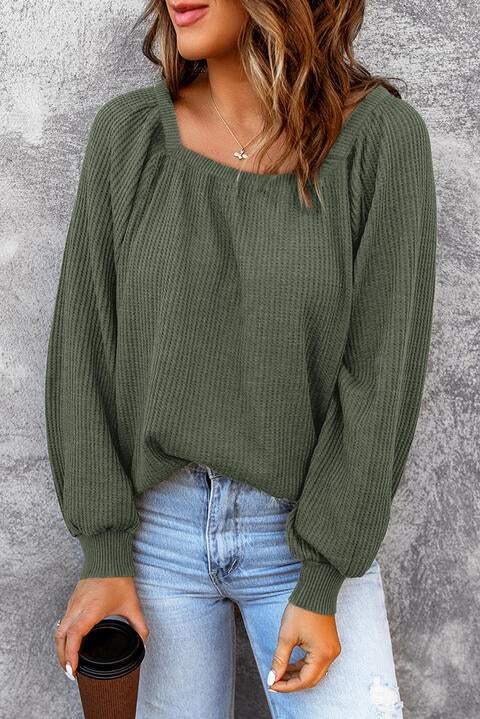 Square Neck Waffle-Knit Top Blouses - Tophatter Daily Deals