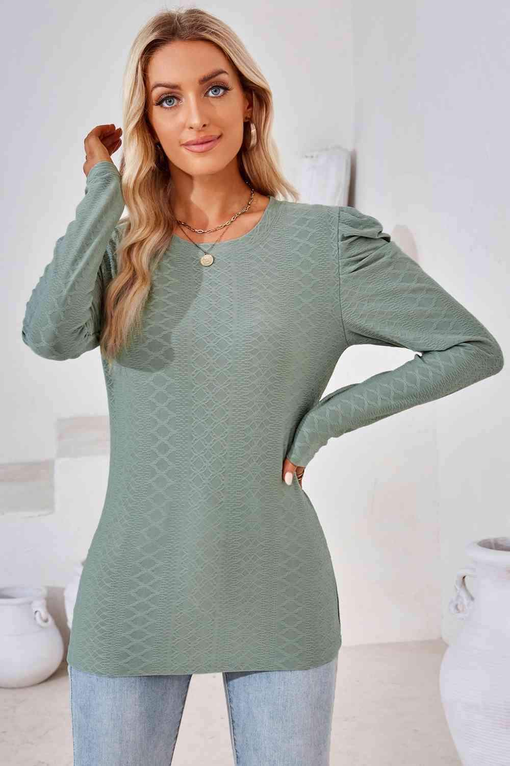 Round Neck Puff Sleeve Blouse Blouses - Tophatter Daily Deals