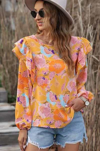 Floral Print Ruffle Puff Sleeve Blouse Blouses - Tophatter Daily Deals