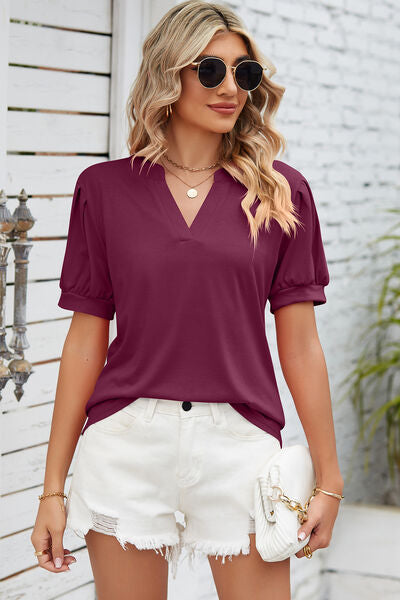 Notched Ruched Short Sleeve T-Shirt Women's T-Shirts - Tophatter Daily Deals