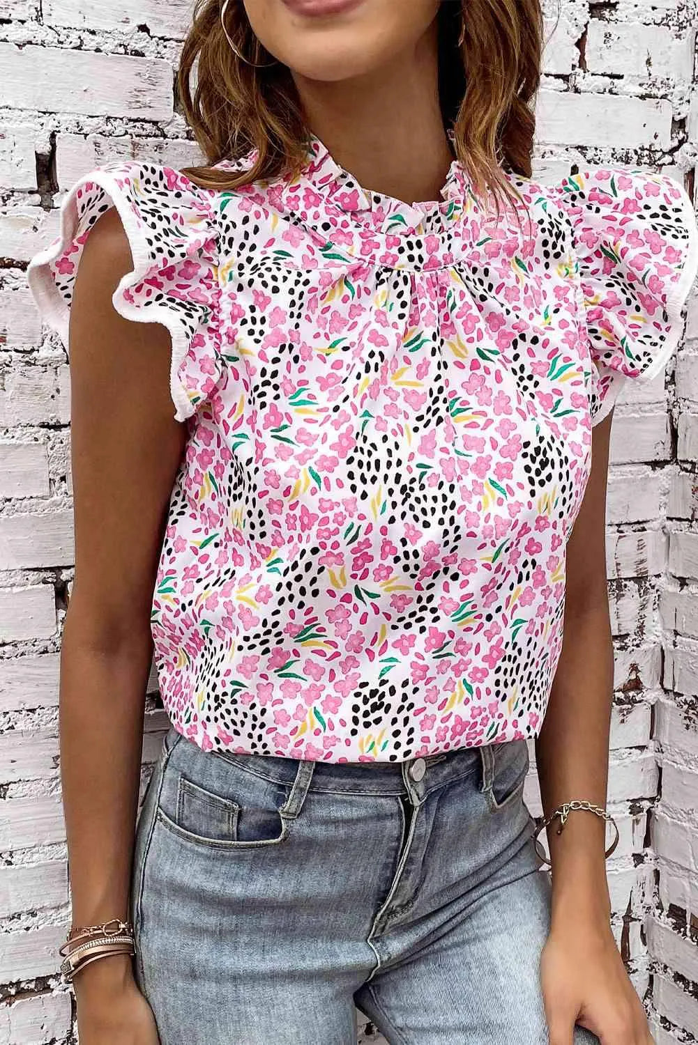 Floral Mock Neck Short Sleeve Blouse Blouses - Tophatter Daily Deals