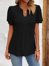 Eyelet Notched Puff Sleeve T-Shirt Women's T-Shirts - Tophatter Daily Deals