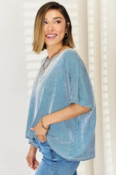 Zenana Striped Round Neck Half Sleeve T-Shirt Blouses - Tophatter Daily Deals