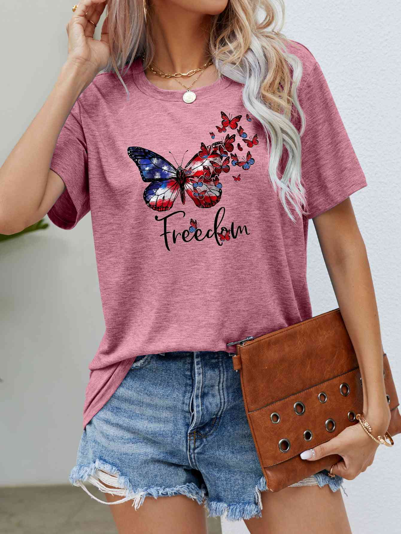 FREEDOM Butterfly Graphic Short Sleeve Tee Dusty Pink Women's T-Shirts - Tophatter Daily Deals