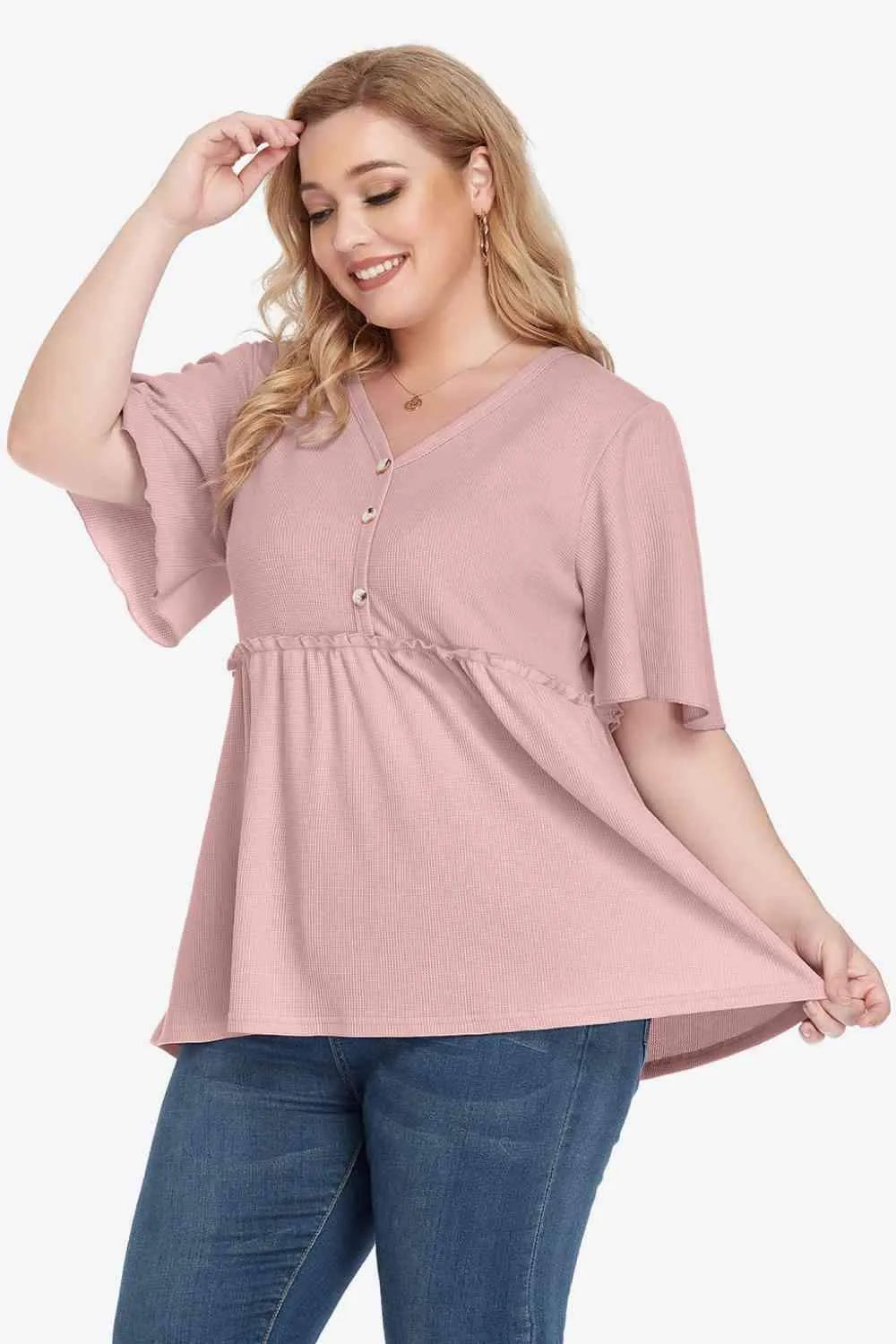 Plus Size Buttoned V-Neck Frill Trim Babydoll Blouse Dusty Pink Blouses - Tophatter Daily Deals