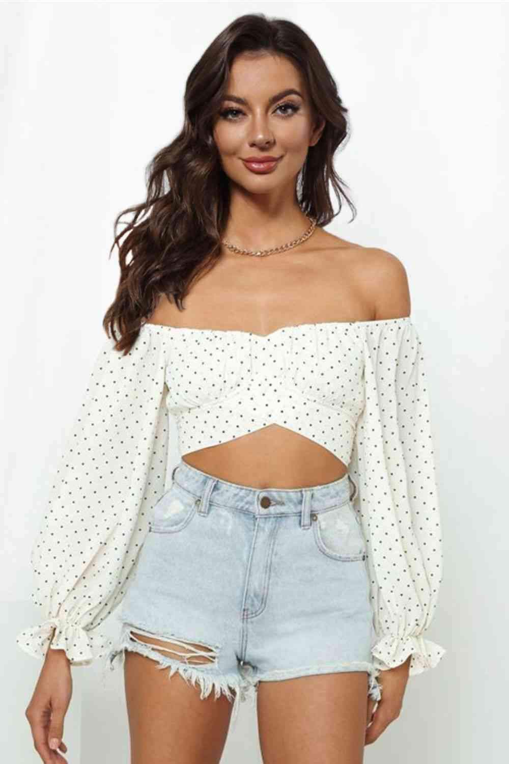 Printed Long Flounce Sleeve Cropped Blouse White Blouses - Tophatter Daily Deals